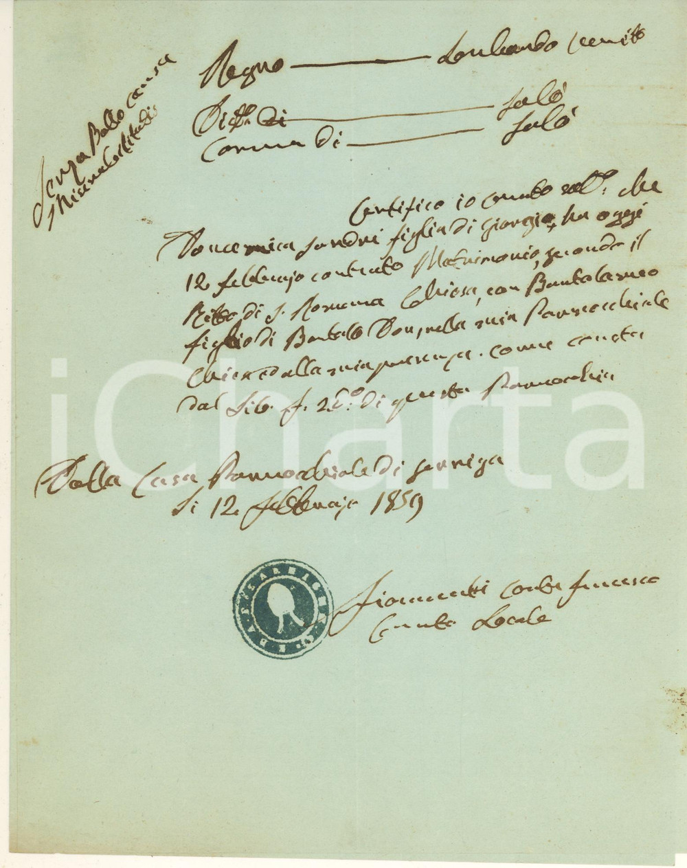 1859 SERNIGA / SALO' Fede di matrimonio di Domenica SANDRI Bartolo DONI Certificato manoscritto, originale d'epoca, rilasciato dal curato Carlo Francesco Fioravanti.Timbro parrocchiale. CONDIZIONI:FAIR/discreto piegature d'epocaFORMATO: 20x25 cm originale e autentica 1