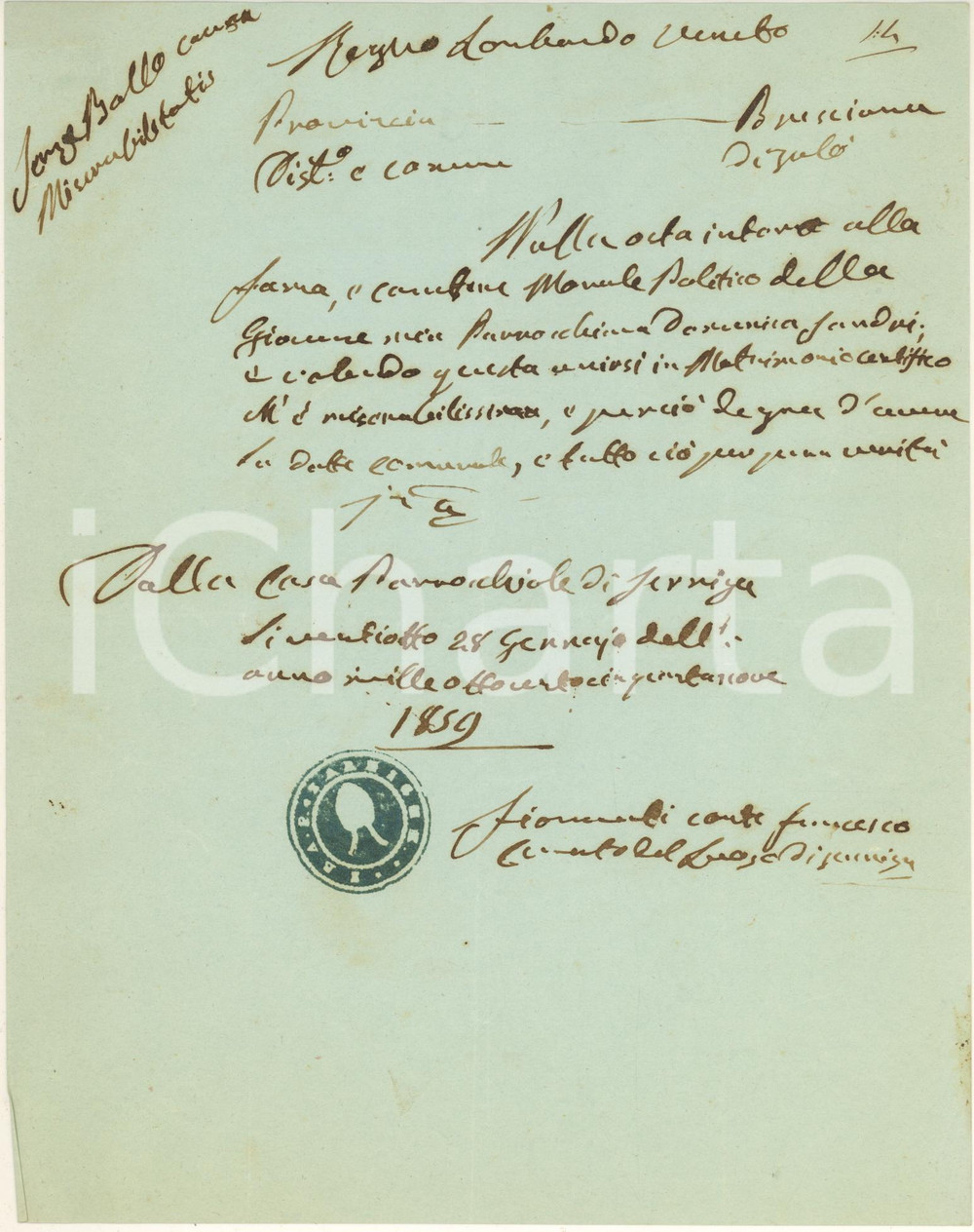 1859 SERNIGA / SALO' Fede di moralità di Domenica SANDRI parrocchiana Certificato manoscritto, originale d'epoca, rilasciato dal curato Carlo Francesco Fioravanti.Timbro parrocchiale. CONDIZIONI:FAIR/discreto piegature d'epocaFORMATO: 20x25 cm originale e autentica 1