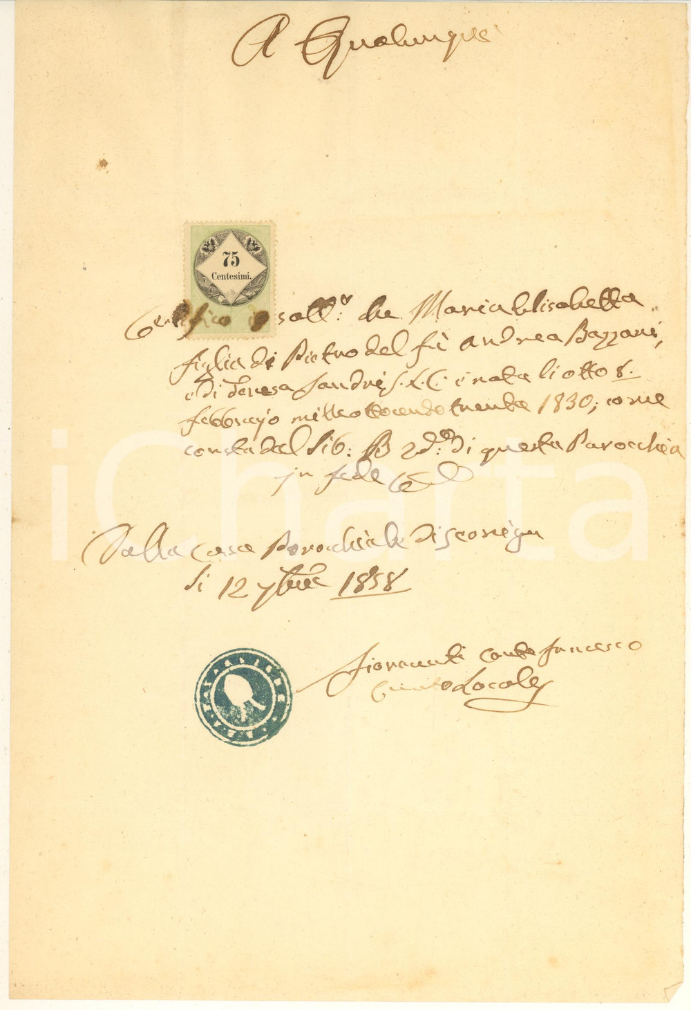1858 SERNIGA / SALO' Certificato di nascita di Maria Elisabetta BAZZANI Certificato manoscritto, originale d'epoca, rilasciato dal curato Carlo Francesco Fioravanti.Timbro parrocchiale. CONDIZIONI:FAIR/discreto piegature d'epocaFORMATO: 20x30 cm originale e autentica 1