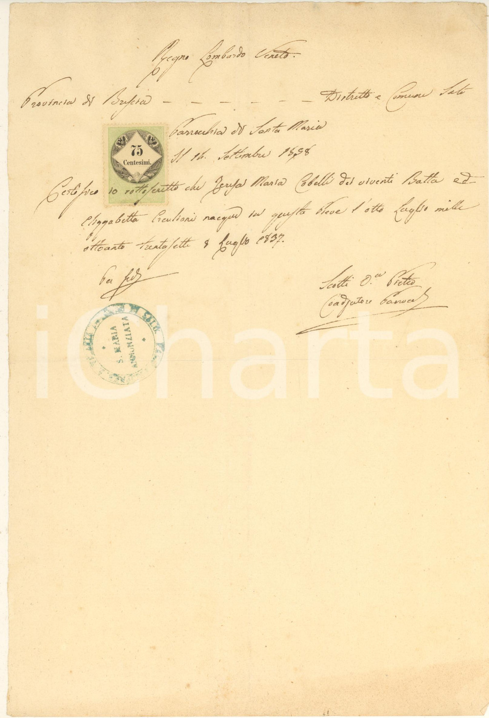 1858 SALO' S. Maria Annunziata - Certificato di nascita Teresa Maria COBELLI Certificato manoscritto, originale d'epoca, rilasciato dal coadiutore parroco don Pietro Scotti.Timbro parrocchiale. CONDIZIONI:FAIR/discreto piegature d'epocaFORMATO: 20x30 cm originale e autentica 1