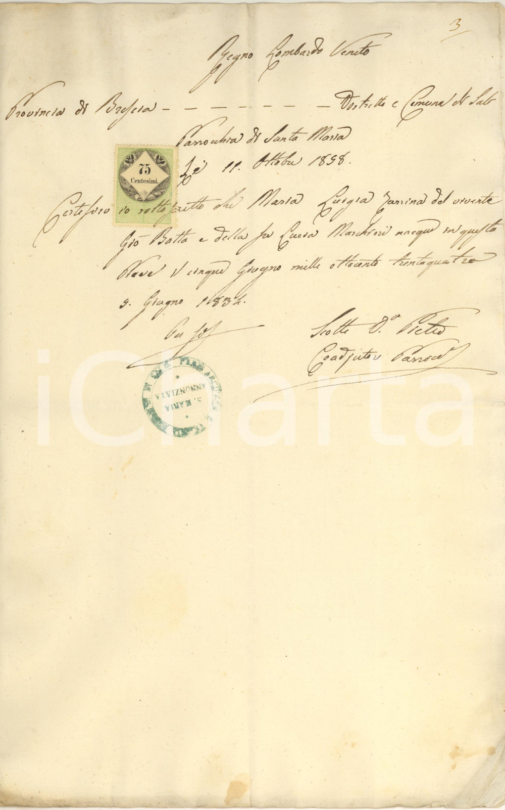 1858 SALO' S. Maria Annunziata - Certificato di nascita Maria Luigia TARSINA Certificato manoscritto, originale d'epoca, rilasciato dal coadiutore parroco don Pietro Scotti.Timbro parrocchiale. CONDIZIONI:FAIR/discreto piegature d'epocaFORMATO: 21x30 cm originale e autentica 1