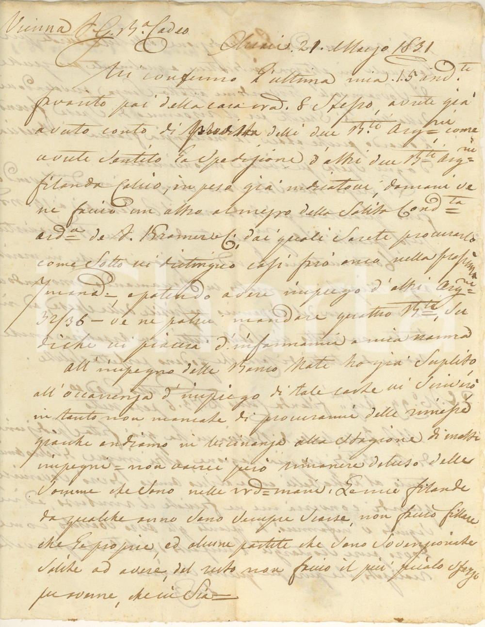 Documento originale, autentico 1831 CHIARI BS Lettera Pietro CADEO Le mie filande sono sempre scarse 1