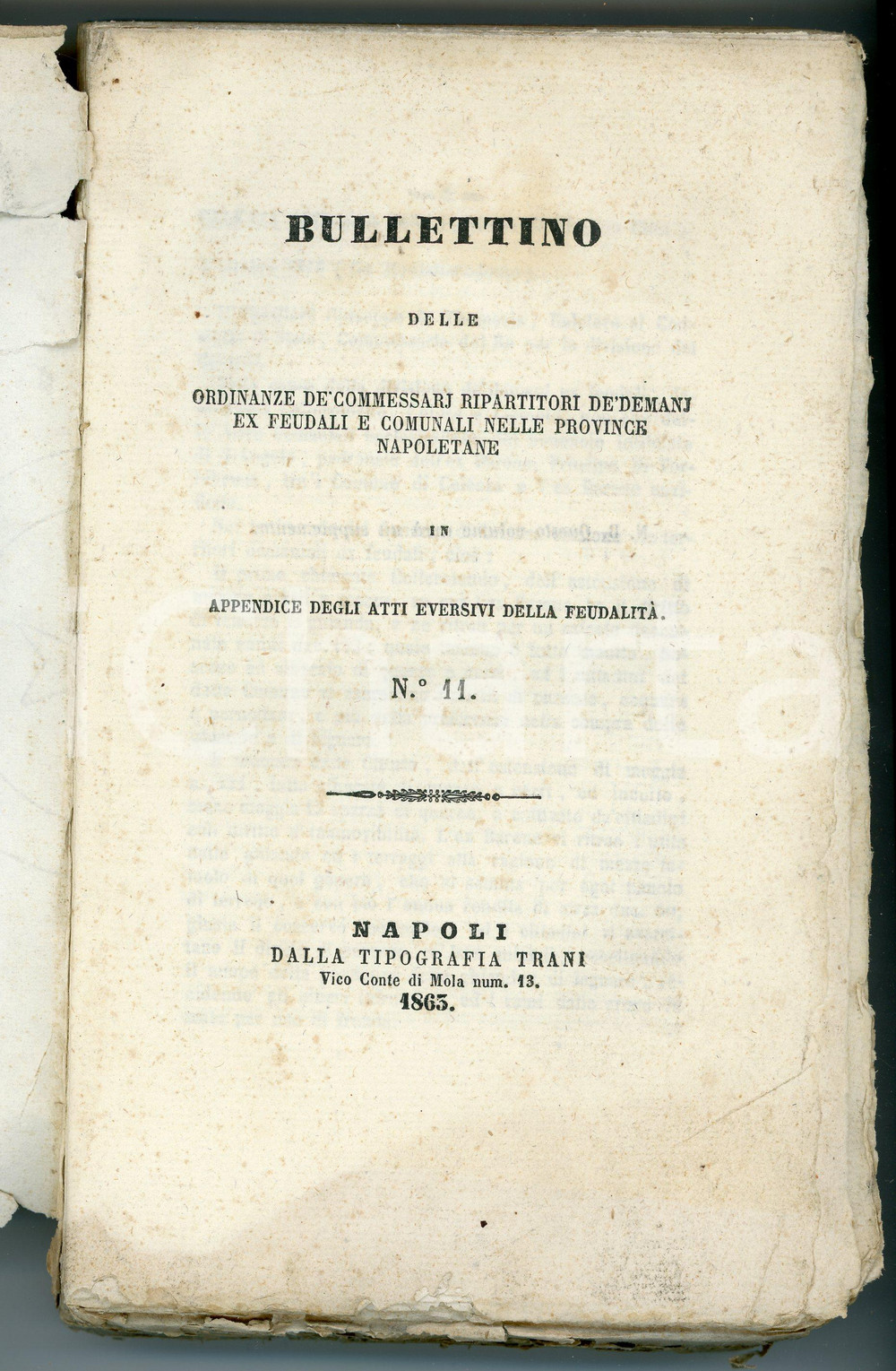 1863 NAPOLI - DEMANIO Bullettino delle ordinanze de' commessarj de' demanj Pubblicazione d'epoca.TITOLO: Bullettino delle ordinanze de' commessarj ripartitori de' demanj ex feudali e comunali nelle province napoletane in appendice degli atti eversivi della feudalità - N°11EDITORE: Tipografia Trani - Napoli PAGINE: 170CONDIZIONI:VERY POOR/gravemente danneggiato Copertina mancante, bruniture e strappi diffusi alle pagineFORMATO: 14x22 cm originale e autentica 1