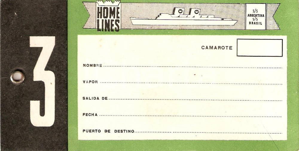 Materiale pubblicitario d’epoca 1945 ca HOME LINES S/S Argentina S/S Brasil Etichetta per bagagli 1