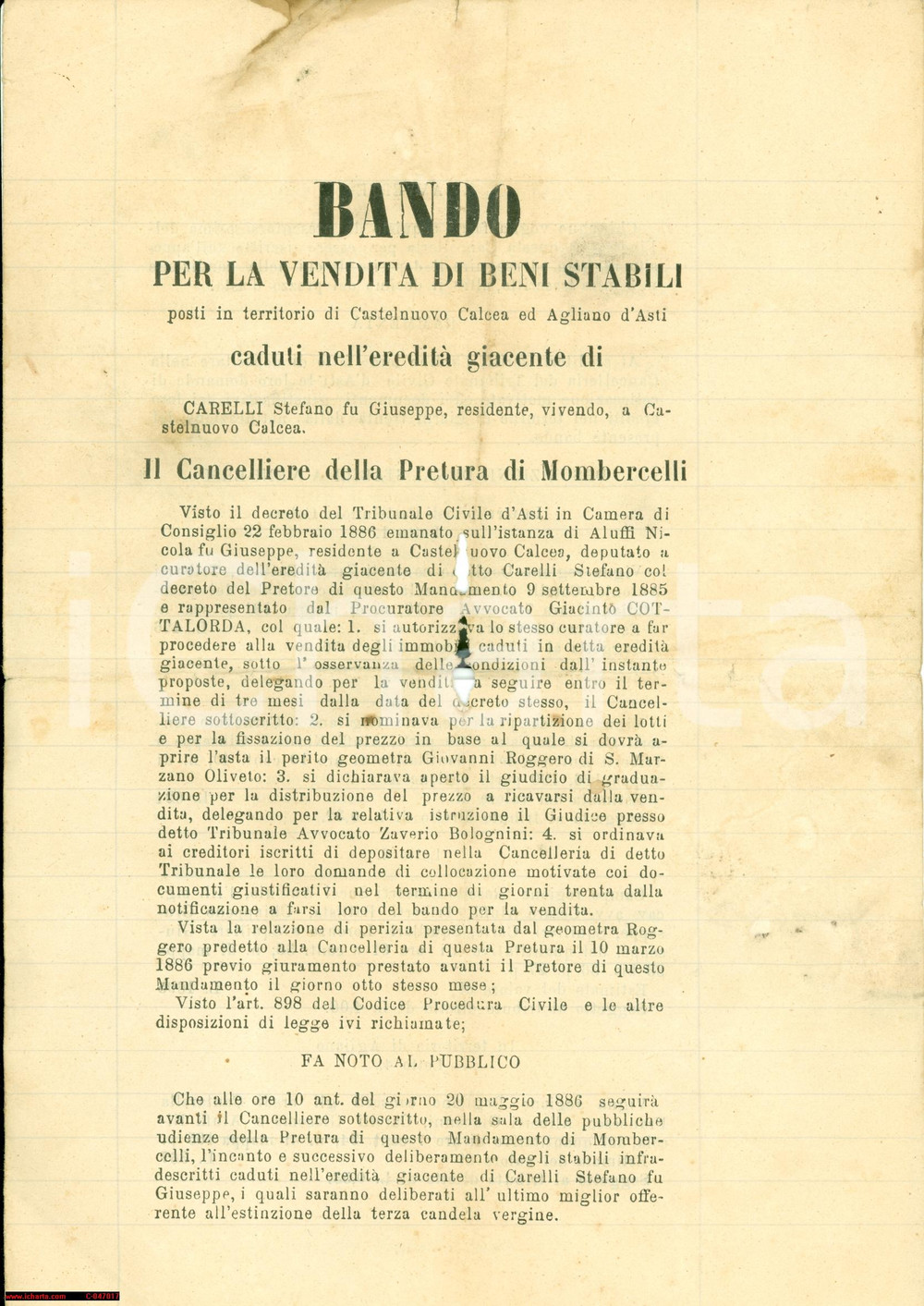 Documento originale, autentico 1886 CASTELNUOVO CALCEA AT Asta eredità Stefano CARELLI (2) 1