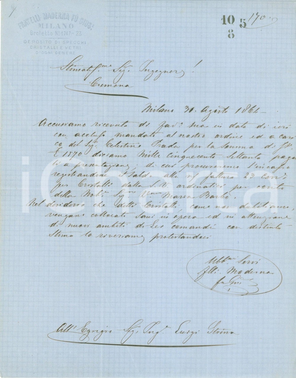 Documento originale, autentico 1864 MILANO VIA BROLETTO Fratelli MADERNA Specchi cristalli e vetri Lettera 1