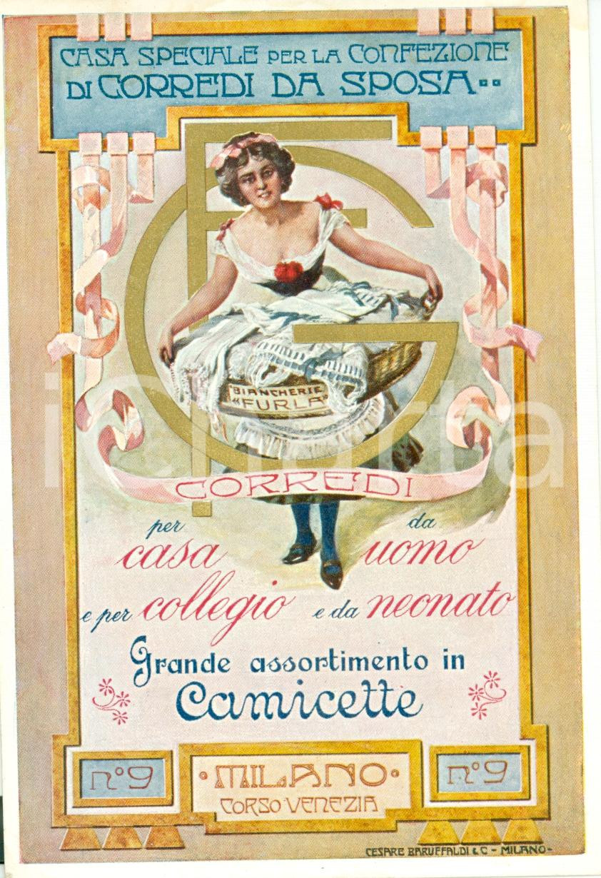 Materiale pubblicitario d’epoca 1910 ca MILANO Corso Venezia 9 Corredi sposa FURLA biancheria Biglietto 1