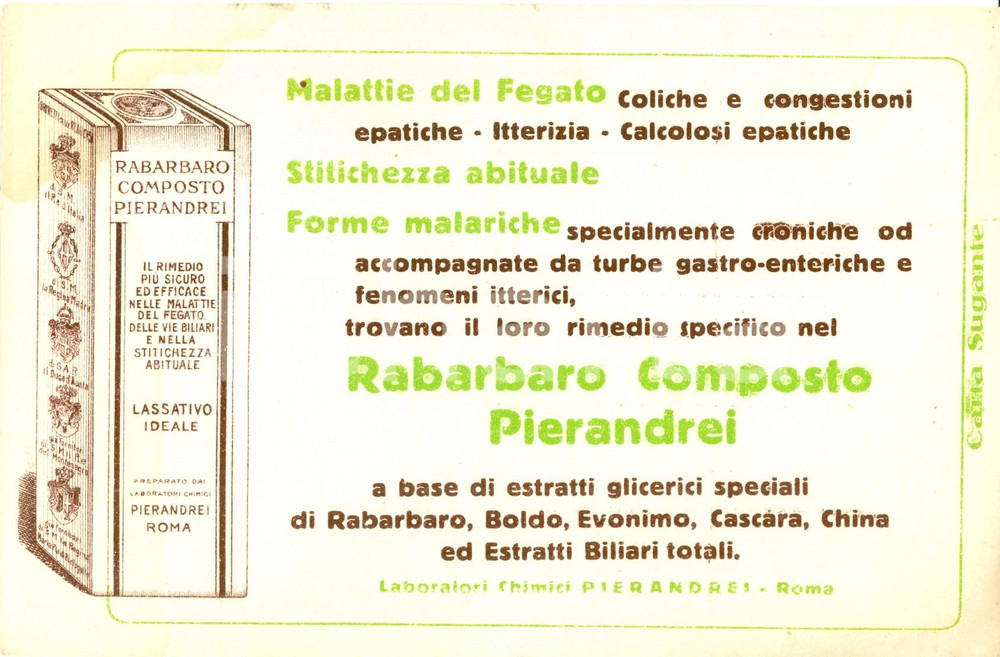 Materiale pubblicitario d’epoca 1930 ROMA Rabarbaro composto Laboratori PIERANDREI Carta sugante Farmaceutica 2 1