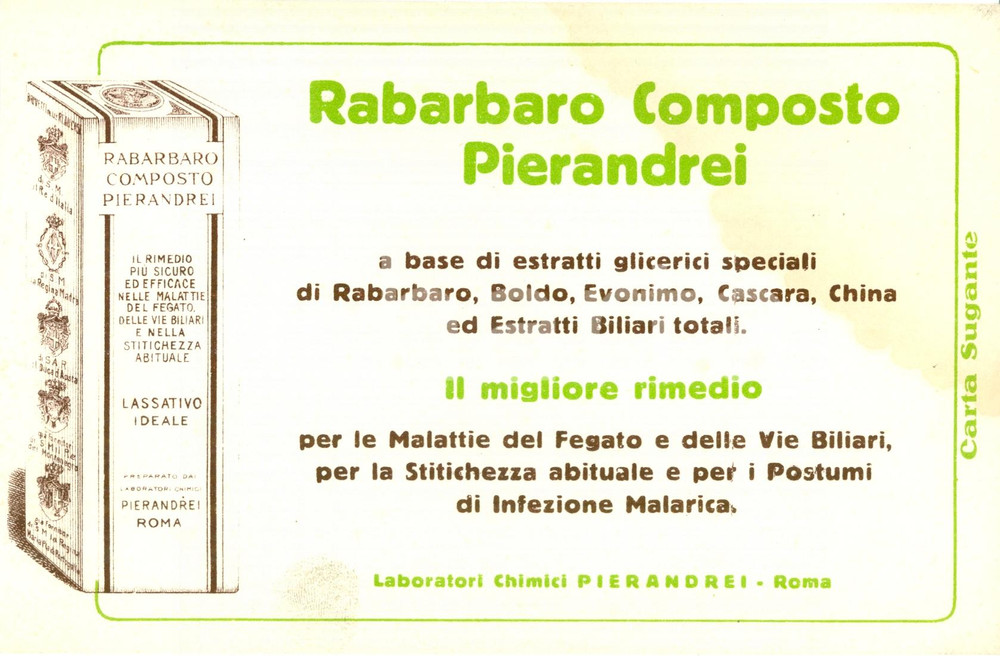 Materiale pubblicitario d’epoca 1930 ROMA Rabarbaro composto Laboratori PIERANDREI Carta sugante Farmaceutica 4 1