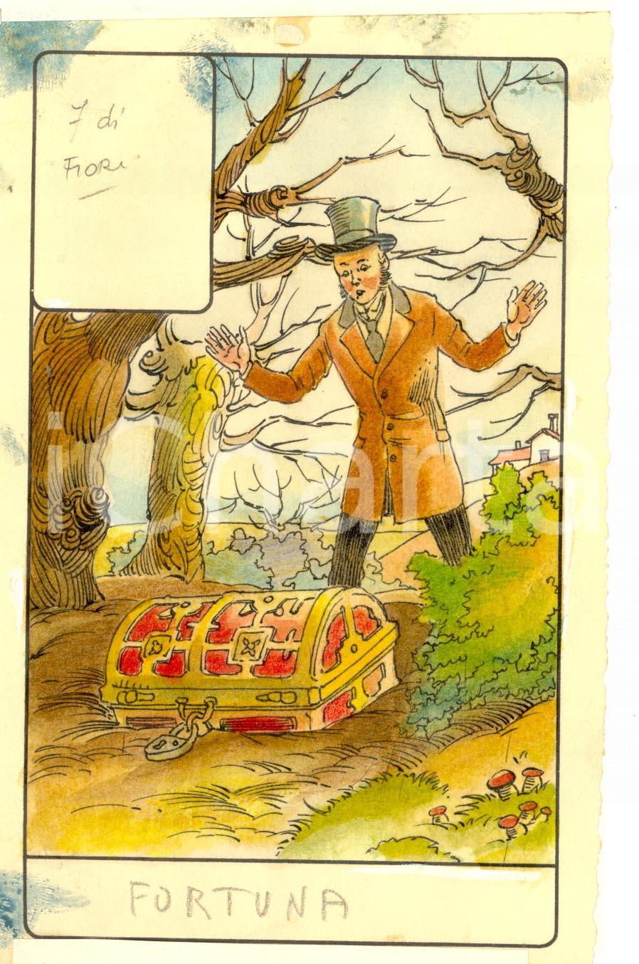 Stampa, bozzetto originale 1946 TAROCCHI Carta divinatoria originale olio su carta ENRICO SACCHI fortuna 1