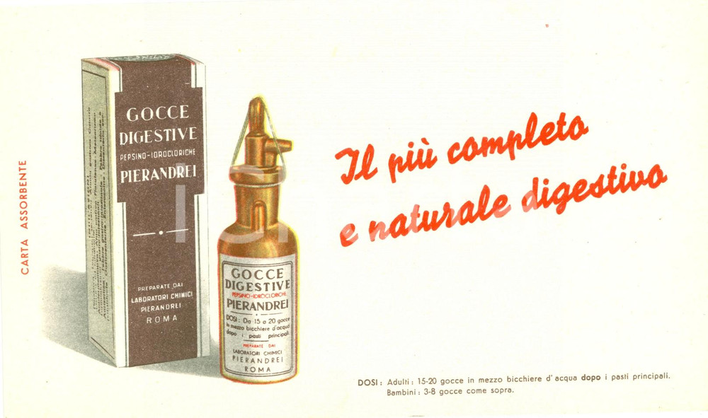 Materiale pubblicitario d’epoca 1950 ROMA Gocce digestive Laboratori PIERANDREI Carta assorbente Farmaceutica 3 1