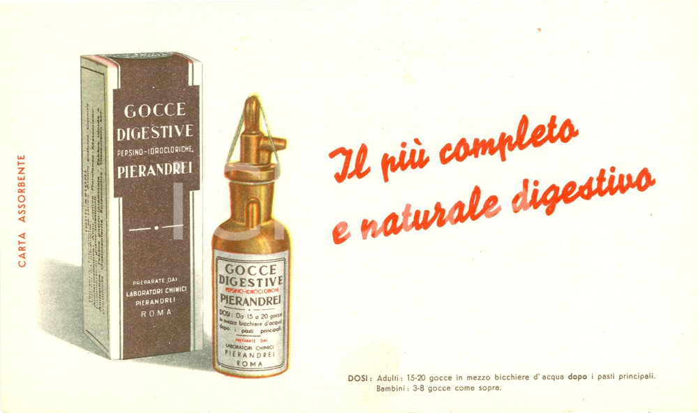 Materiale pubblicitario d’epoca 1950 ROMA Gocce digestive Laboratori PIERANDREI Carta assorbente Farmaceutica 2 1