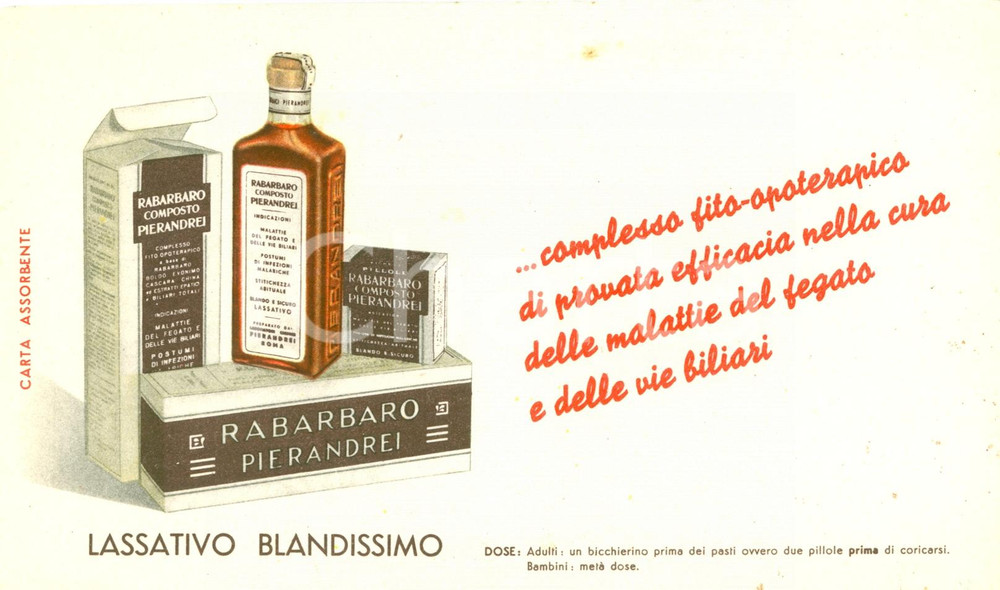 Materiale pubblicitario d’epoca 1950 ROMA Lassativo rabarbaro Laboratori PIERANDREI Carta assorbente Farmacia 1