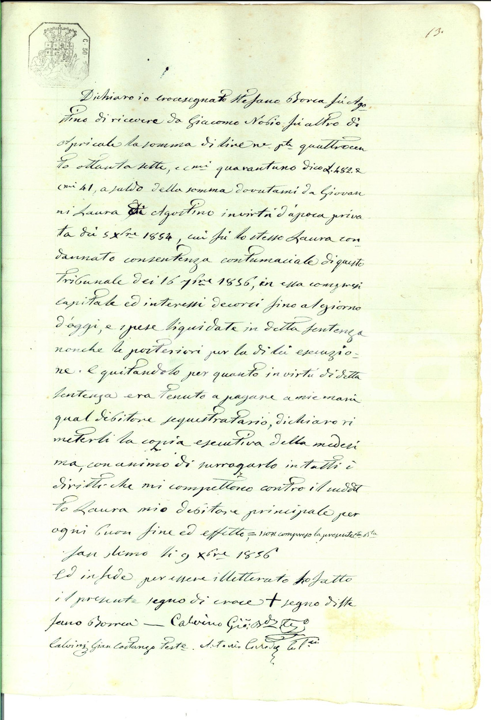 Documento originale, autentico 1856 SANREMO Stefano BOREA non ottiene nemmeno un acconto sui crediti 1