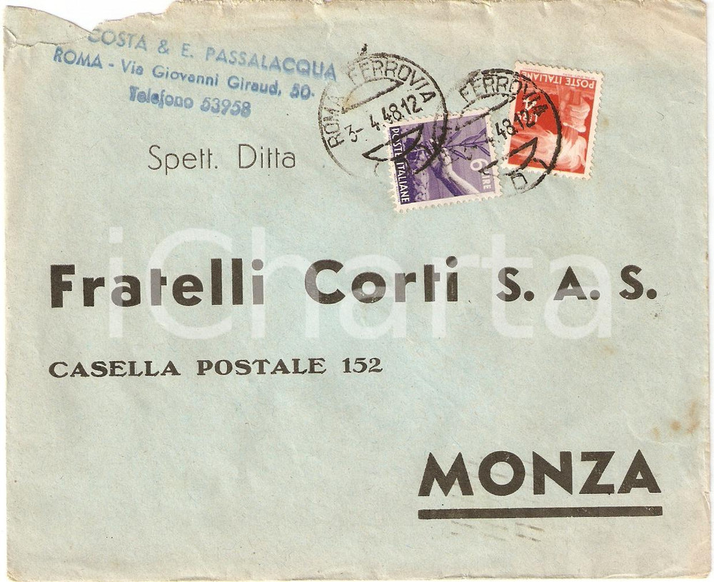 Materiale pubblicitario d’epoca 1948 MONZA Ditta Fratelli CORTI busta intestata VG timbro E. PASSALACQUA 1