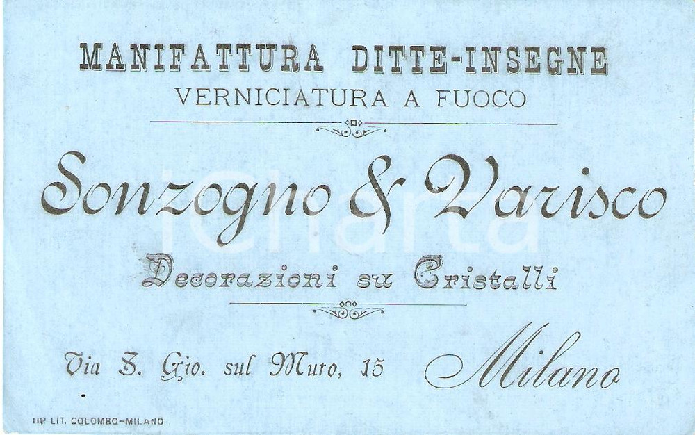 Oggetto da collezione cartaceo 1920 ca MILANO SONZOGNO & VARISCO Decorazioni su cristalli *Biglietto (2) 1