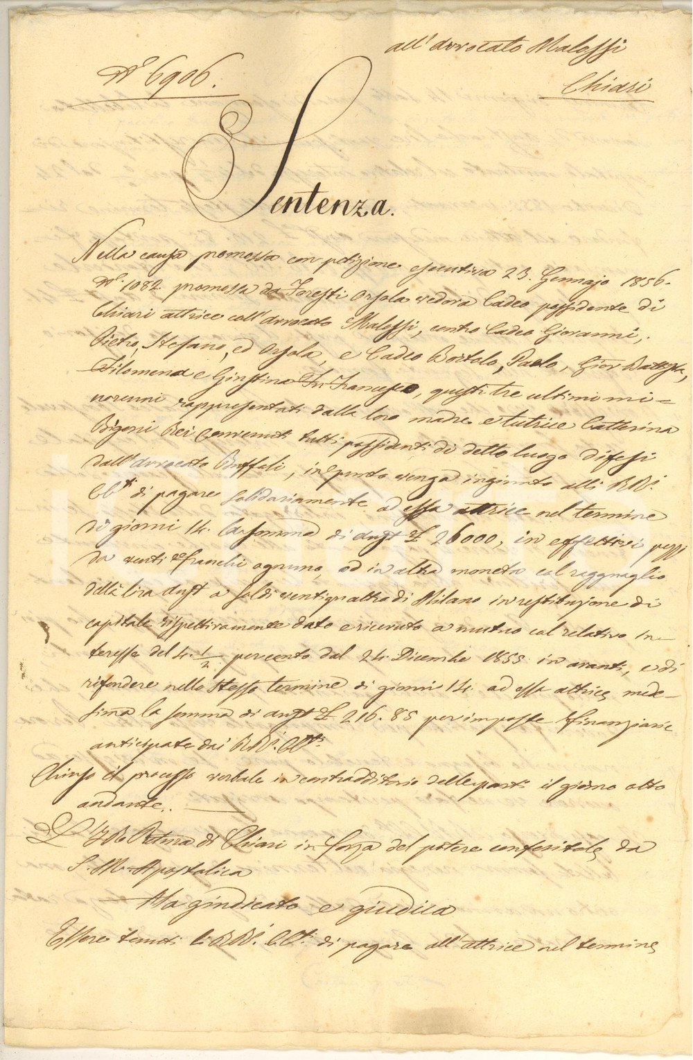 Documento originale, autentico 1856 CHIARI BS Sentenza pro Orsola FORESTI vedova CADEO contro i parenti 1