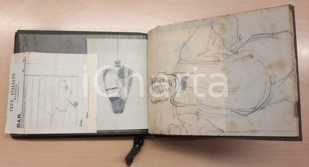Manoscritto, lettera originale 1915 ca BANGKOK THAILANDIA Club Italiano  Album caricature soci 26 disegni 1