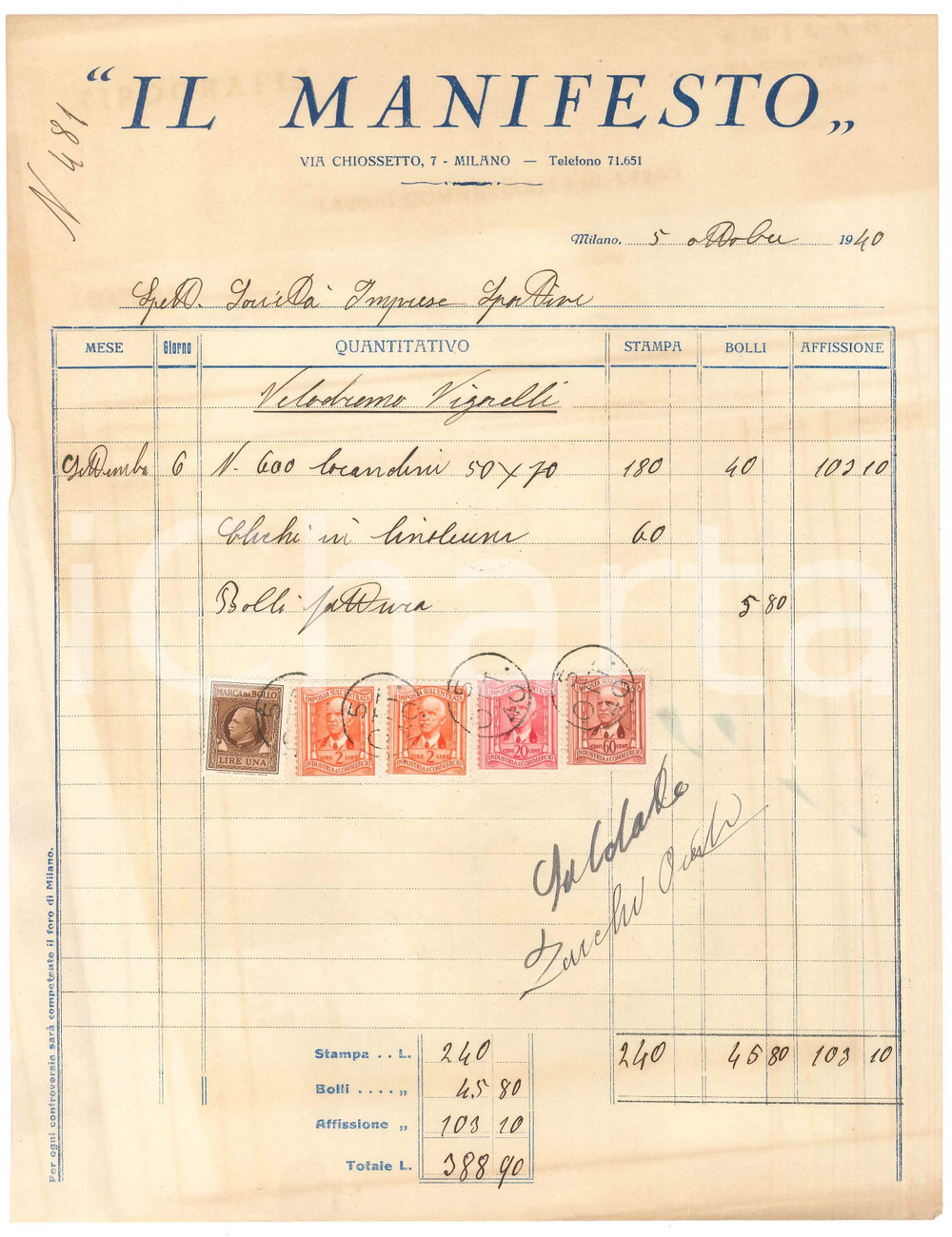 Documento originale, autentico 1940 MILANO Tipografia IL MANIFESTO  Fattura locandine CICLISMO Vigorelli 2 1