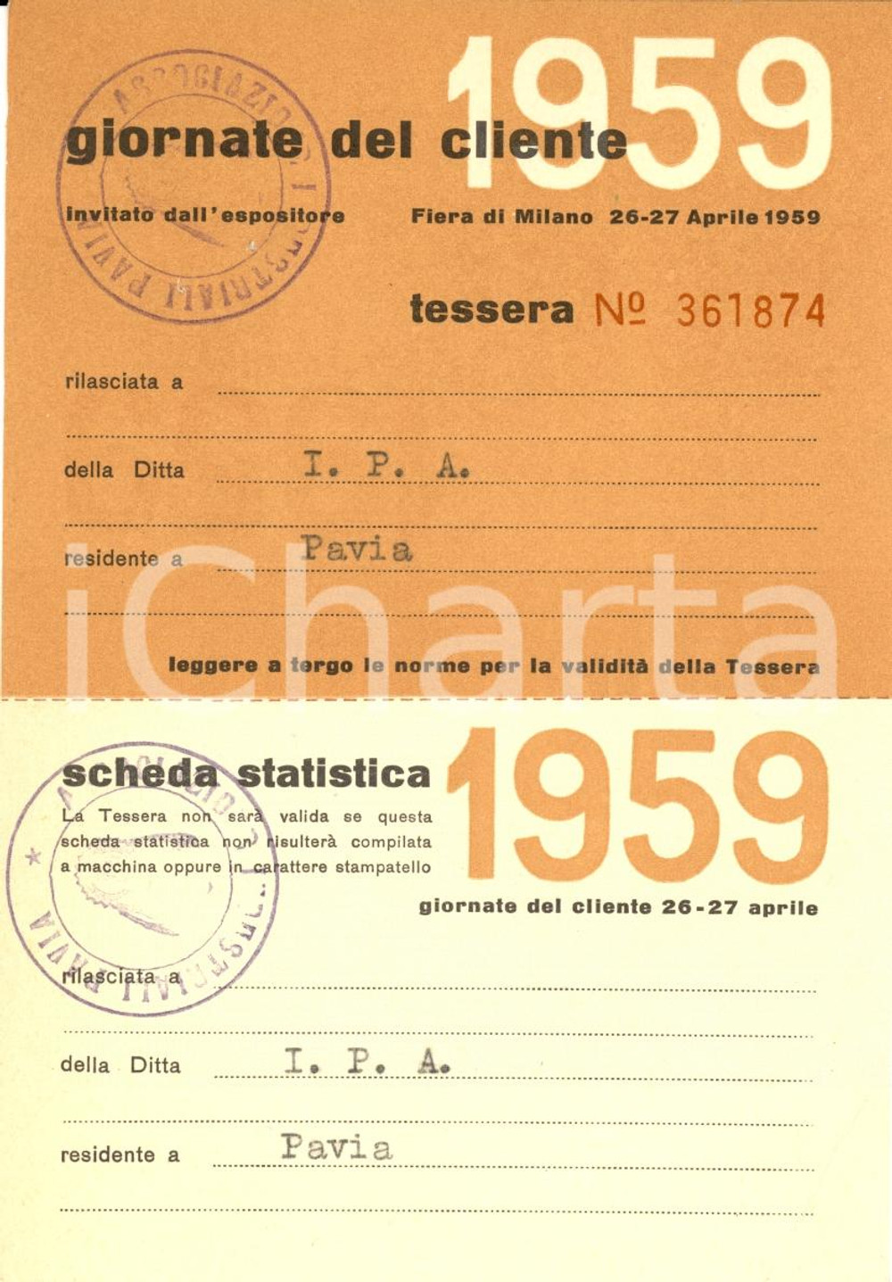 Oggetto da collezione cartaceo 1959 MILANO Giornate del Cliente  FIERA di MILANO Tessera 1