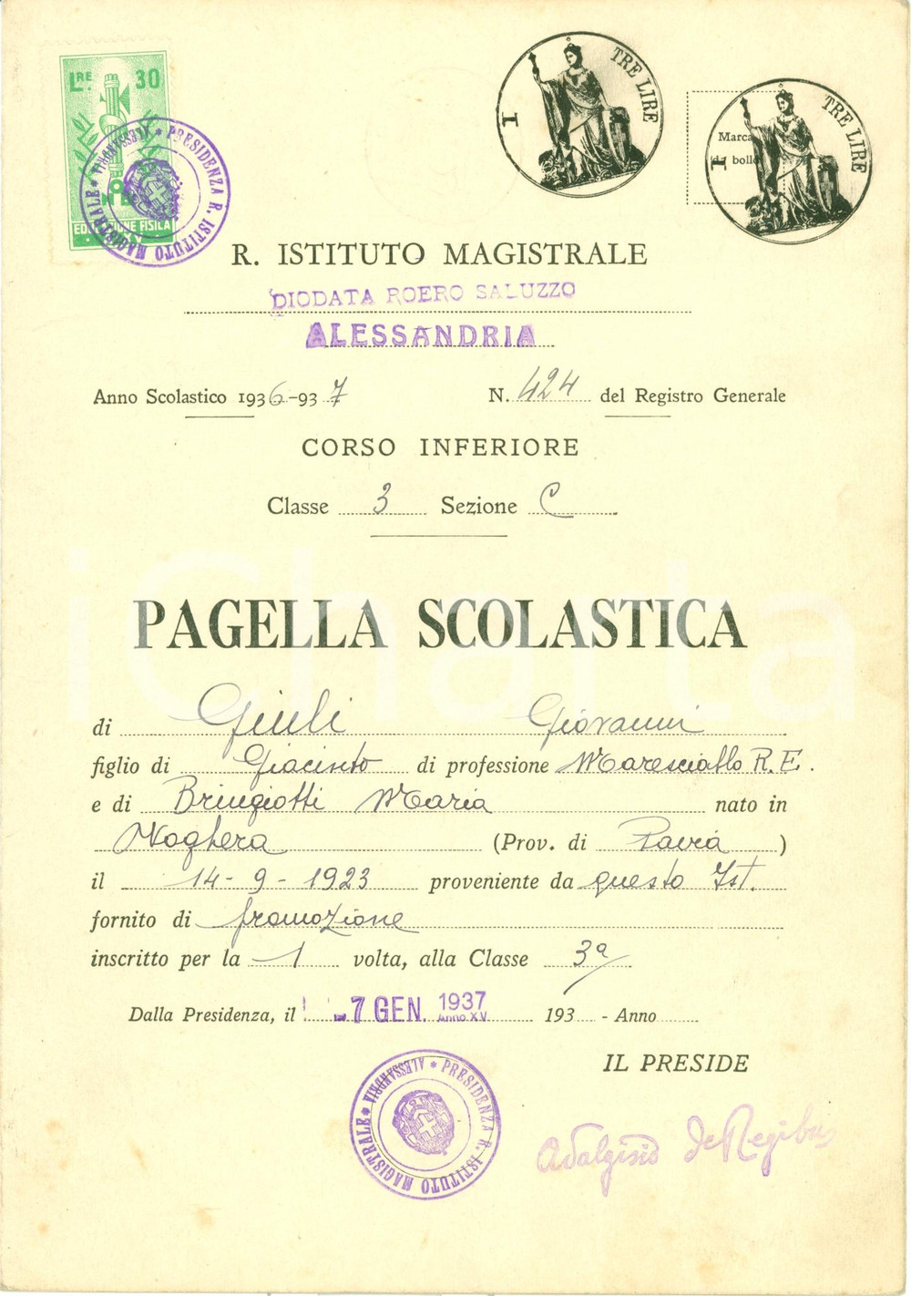 Oggetto da collezione cartaceo 1937 ALESSANDRIA Pagella Giovanni GIULI - Ist. Magistrale SALUZZO 1
