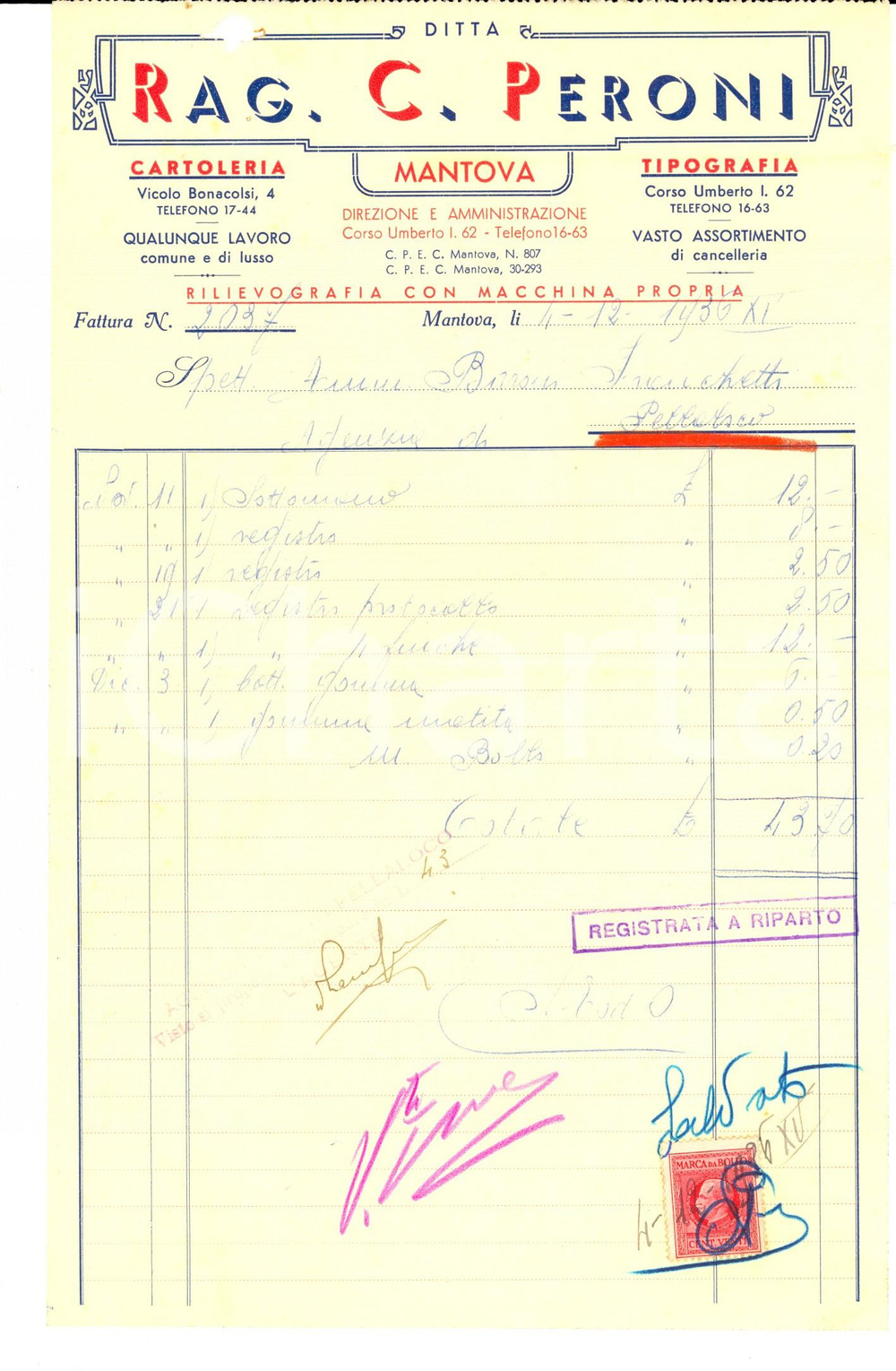 Documento originale, autentico 1936 MANTOVA Ditta rag. Celestino PERONI cartoleria Fattura intestata 1