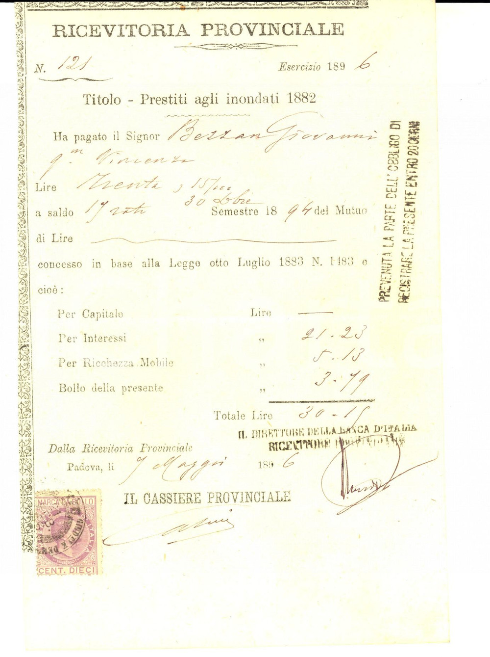 Documento originale, autentico 1896 PADOVA Ricevuta Giovanni BEZZAN  Rata prestito inondati 1882 4 1