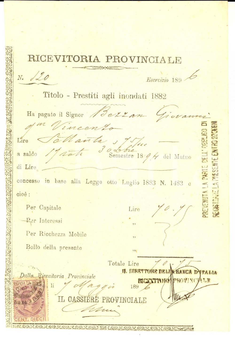 Documento originale, autentico 1896 PADOVA Ricevuta Giovanni BEZZAN  Rata prestito inondati 1882 2 1
