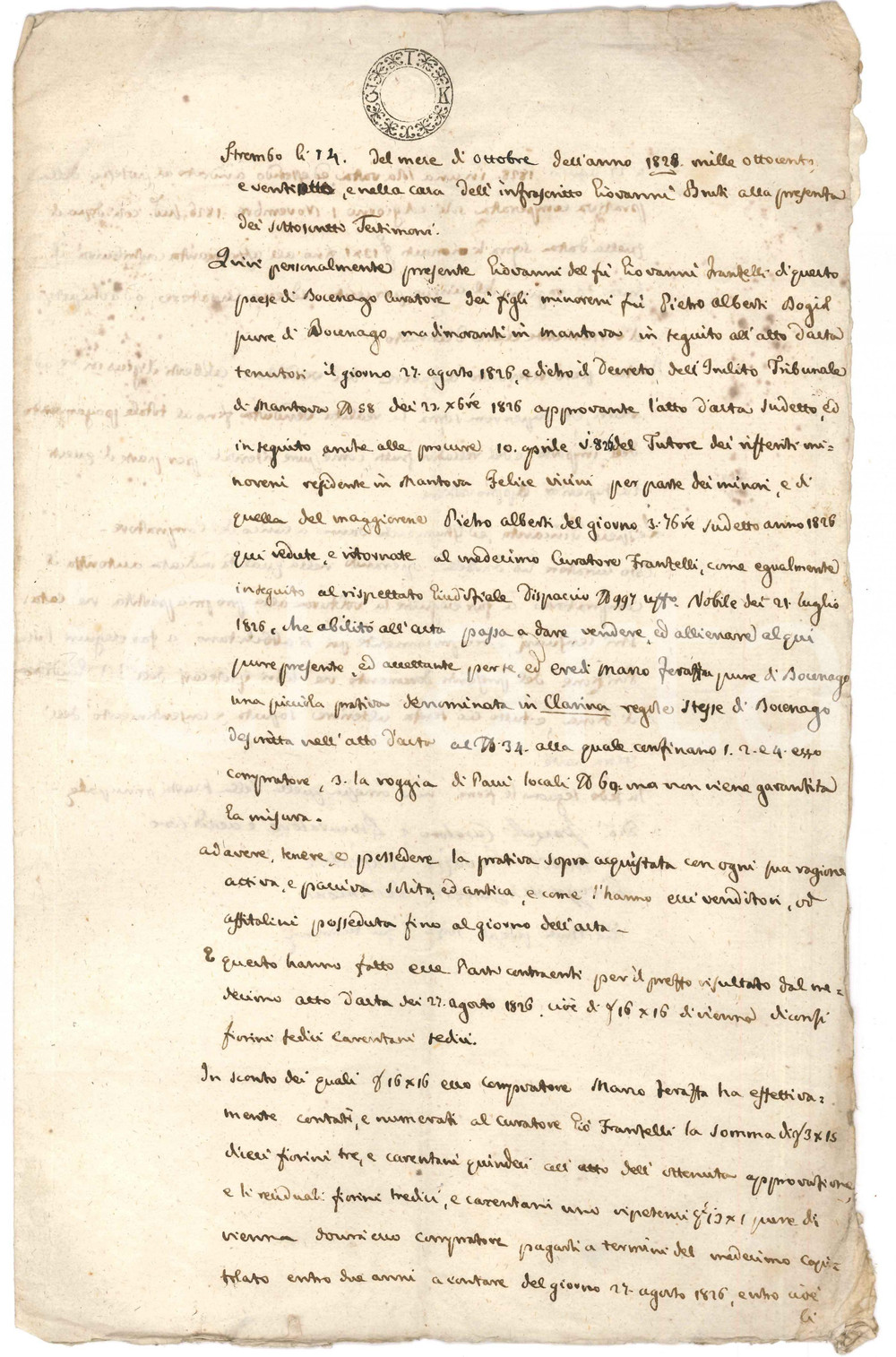 Documento originale, autentico 1828 CLARINA / BOCENAGO Vendita di piccola prativa a Marco FERRAZZA Manoscritto 1
