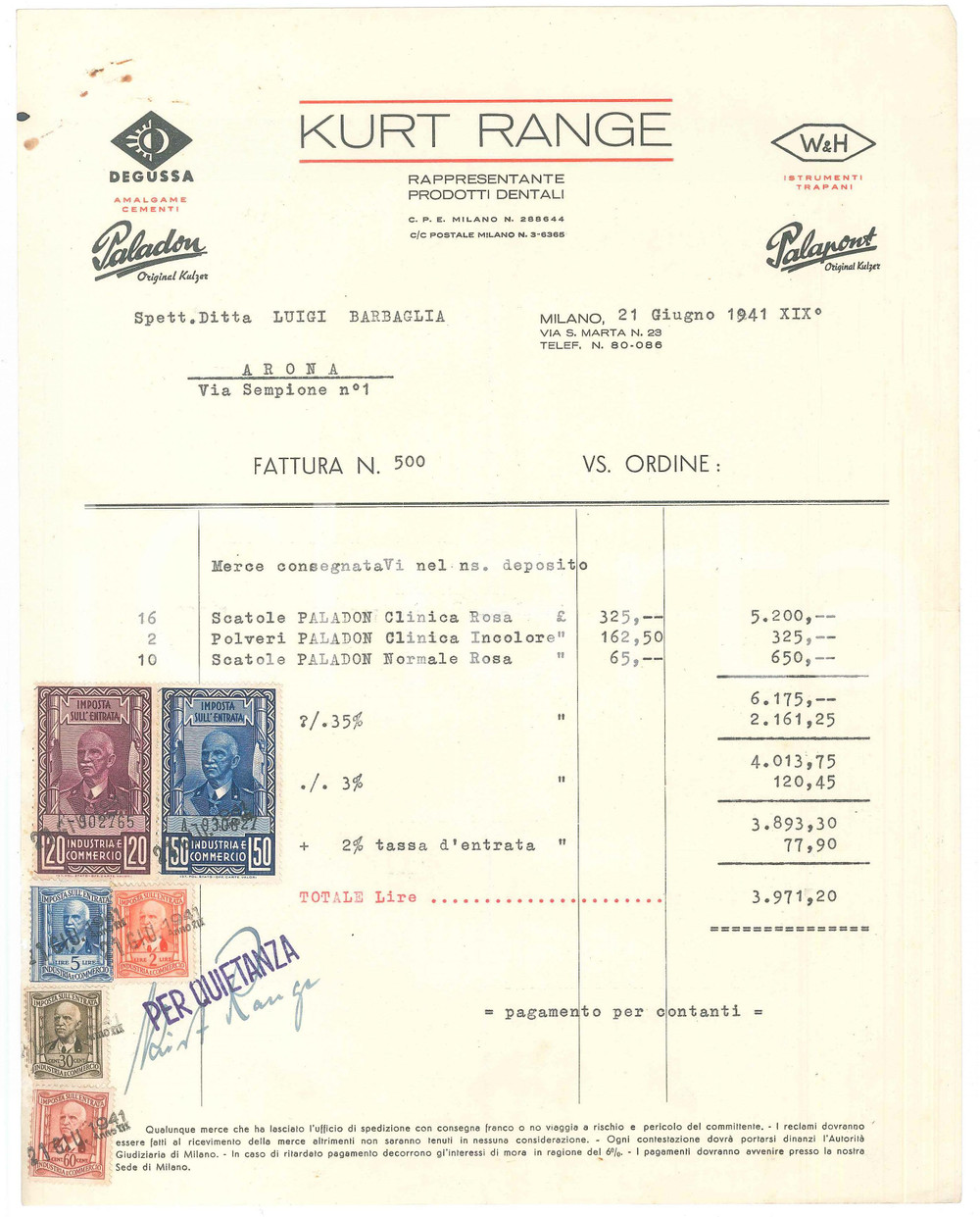 1941 MILANO Via S. Marta 23 - KURT RANGE Prodotti dentali - Fattura 1 Fattura originale d'epoca, su carta intestata.PAGINE: 1 CONDIZIONI:POOR/danneggiato piegature d'epoca; macchie di ruggine originale e autentica 1