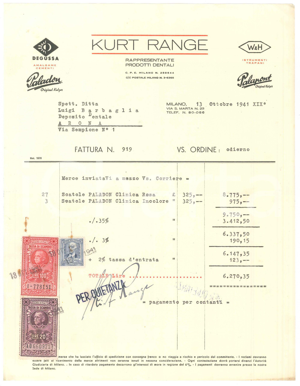 Documento originale, autentico 1941 MILANO Via S. Marta 23  KURT RANGE Prodotti dentali  Fattura 3 1