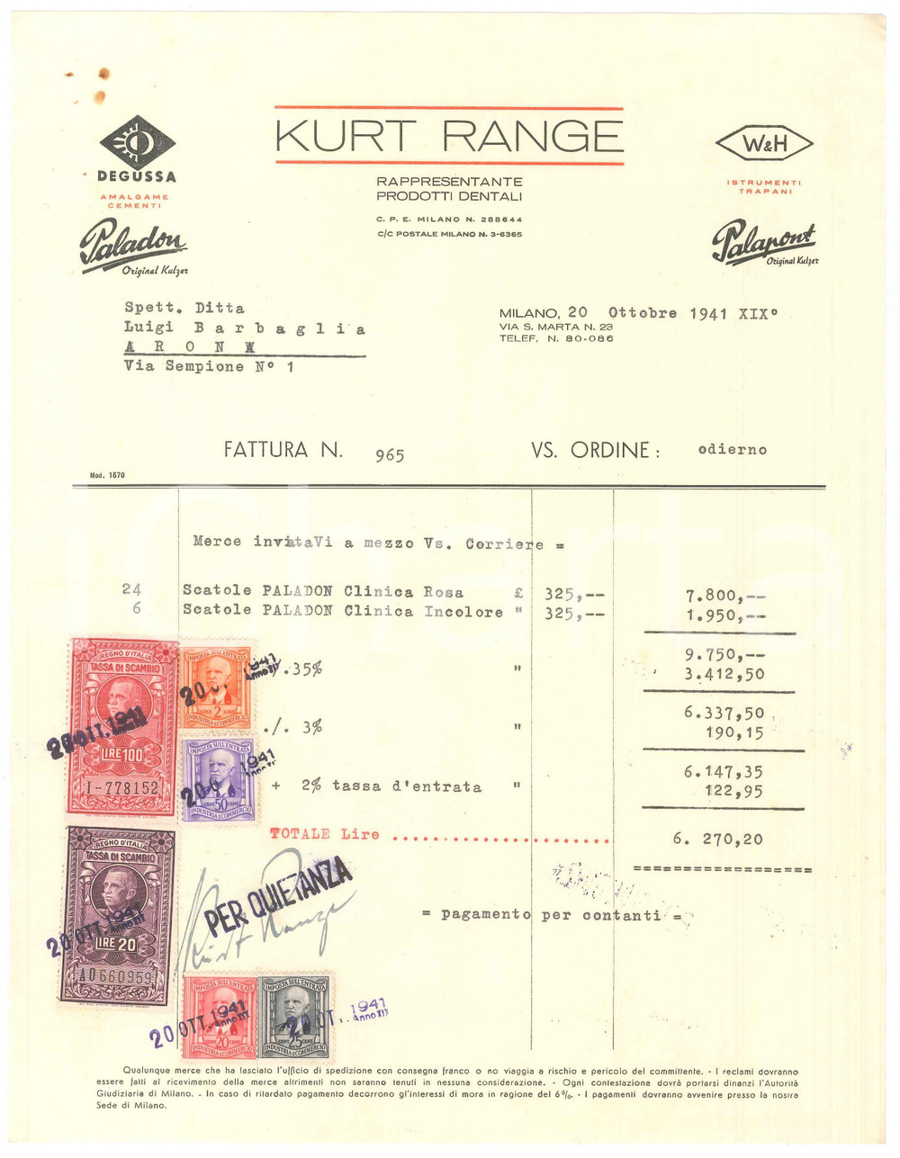 1941 MILANO Via S. Marta 23 - KURT RANGE Prodotti dentali - Fattura 4 Fattura originale d'epoca, su carta intestata.PAGINE: 1 CONDIZIONI:FAIR/discreto piegature d'epoca; lievi macchie originale e autentica 1