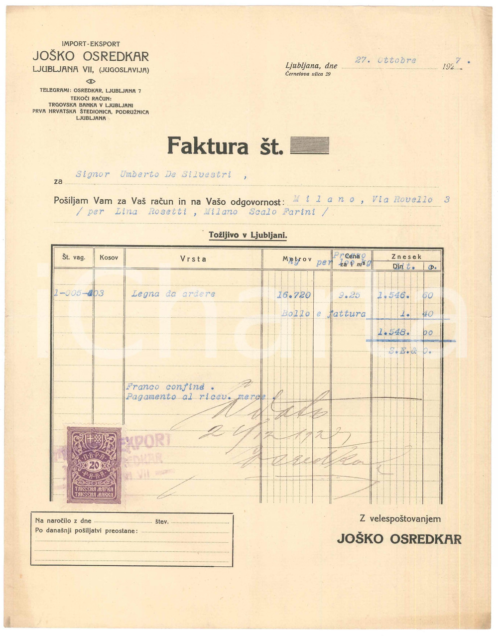 Documento originale, autentico 1927 LJUBLJANA SLOVENIA ImportExport Josko OSKREDAR  Fattura legna 1