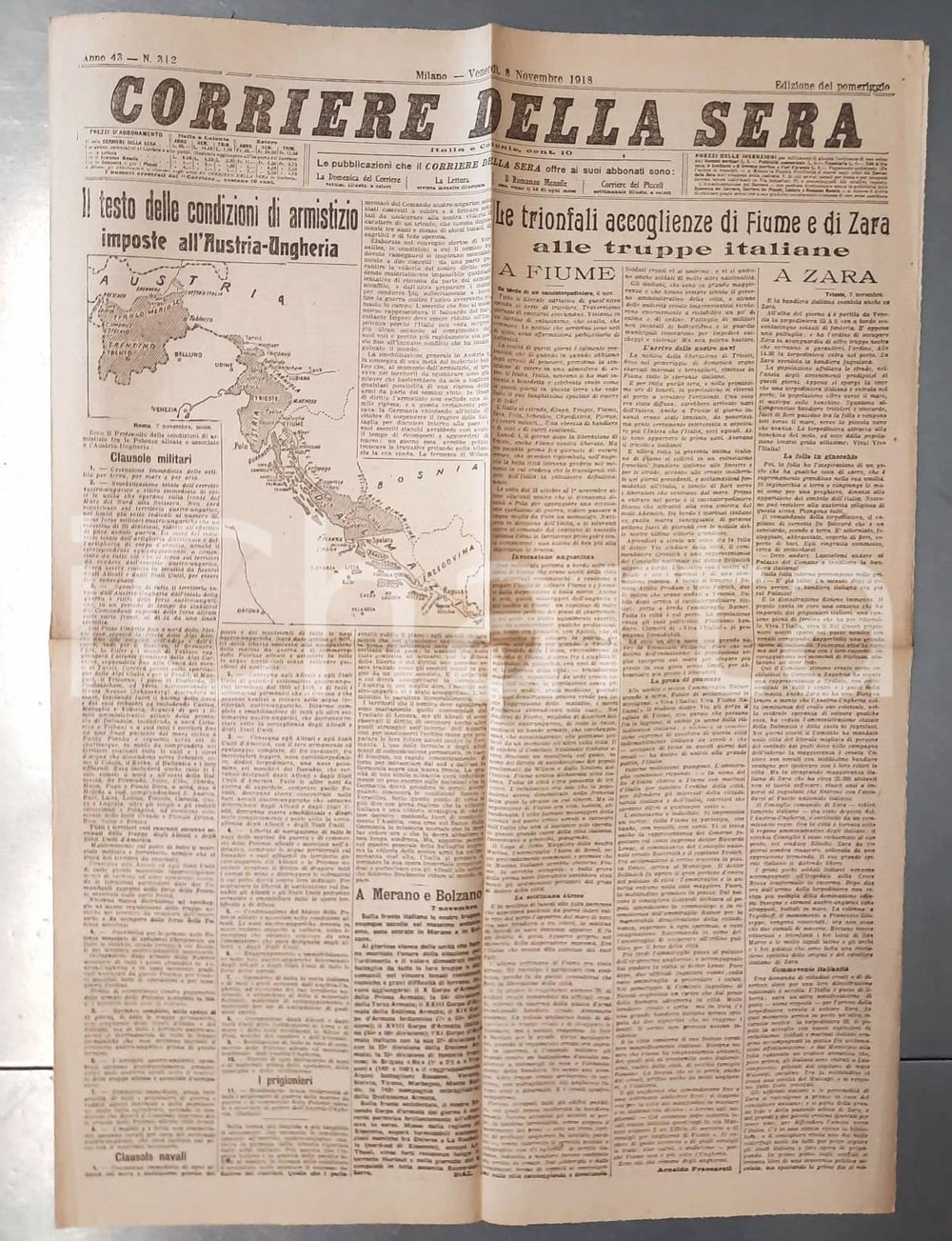 Giornale, rivista storica 1918 WW1 CORRIERE DELLA SERA Armistizio  Truppe italiane a Fiume e Zara 1