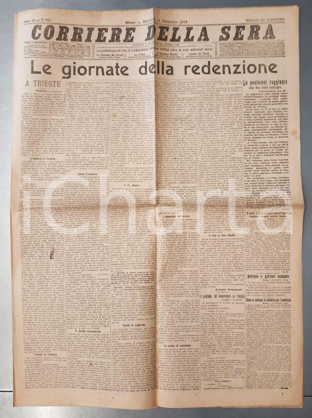 Giornale, rivista storica 1918 WW1 CORRIERE DELLA SERA Giornate della redenzione  Trieste italiana 1