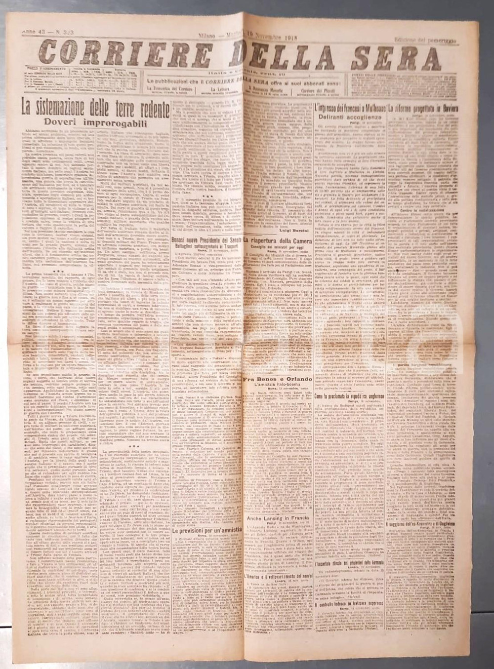 Giornale, rivista storica 1918 WW1 CORRIERE DELLA SERA Sistemazione terre redente  Francesi a Mulhouse 1