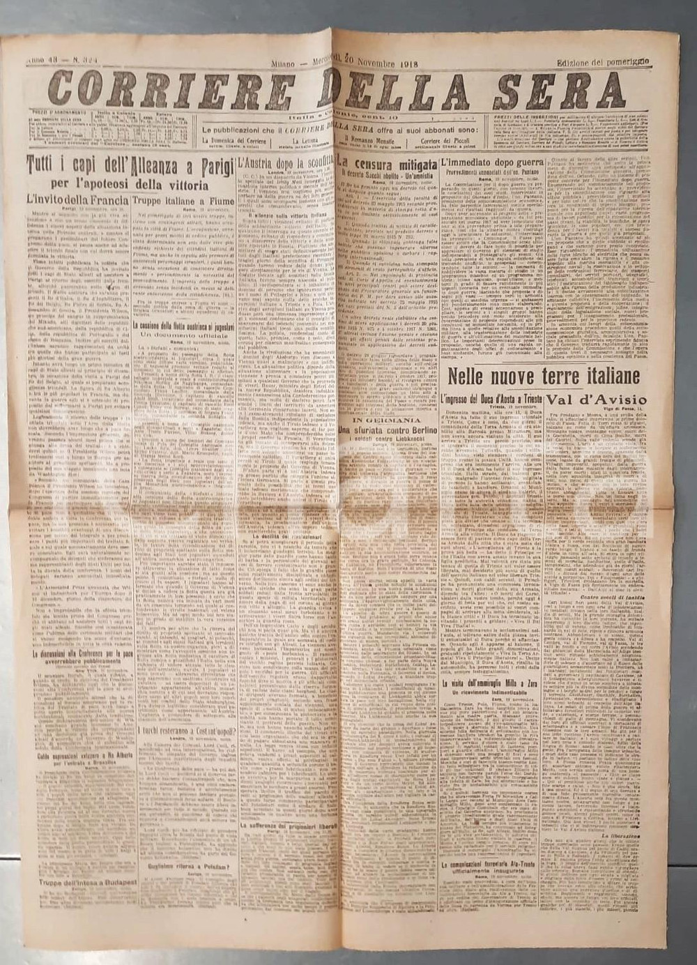 Giornale, rivista storica 1918 WW1 CORRIERE DELLA SERA Capi dell Alleanza a Parigi  Nuove terre italiane 1