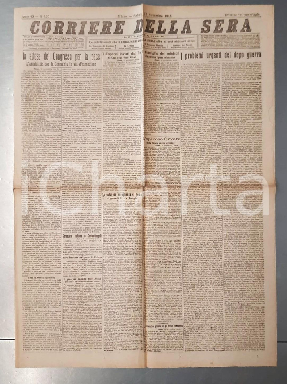 Giornale, rivista storica 1918 WW1 CORRIERE DELLA SERA Problemi urgenti del dopoguerra  Armistizio 1