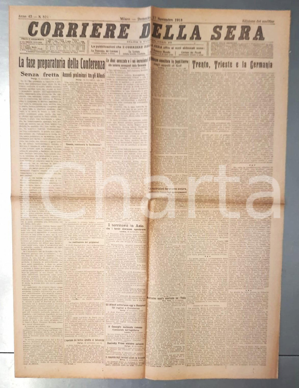 Giornale, rivista storica 1918 WW1 CORRIERE DELLA SERA Trento, Trieste e la Germania  Conferenza Parigi 1
