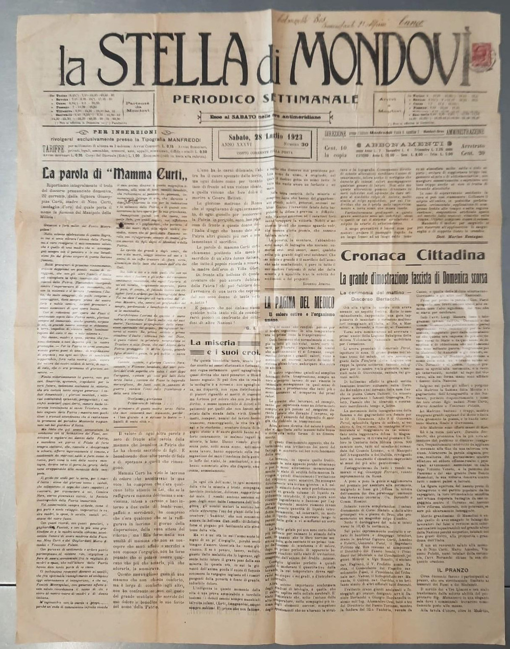Giornale, rivista storica 1923 LA STELLA DI MONDOVI  Madre di Nino Curti  Cerimonia fascista in città 1