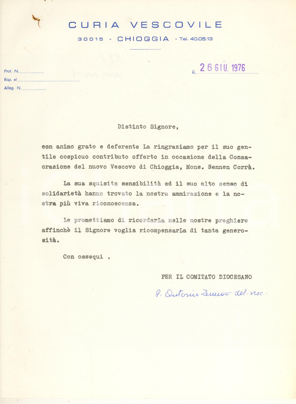 Autografo originale 1976 CHIOGGIA Curia Vescovile  Lettera padre Antonio ZENNARO Autografo 1