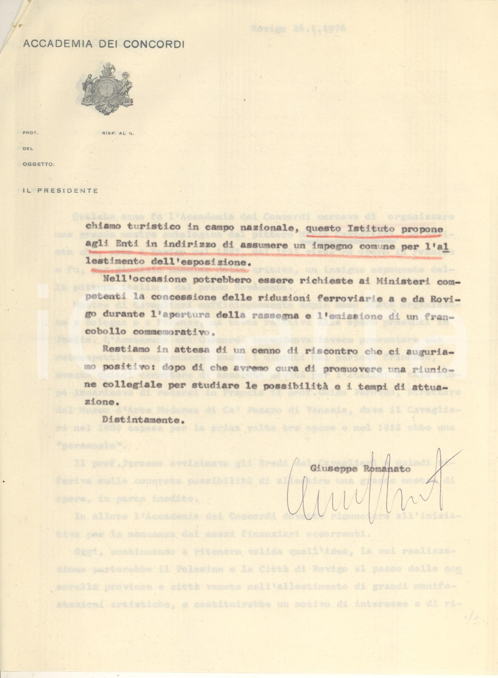 Autografo originale 1976 ROVIGO Lettera Giuseppe ROMANATO  Mostra Mario Cavaglieri Autografo 1