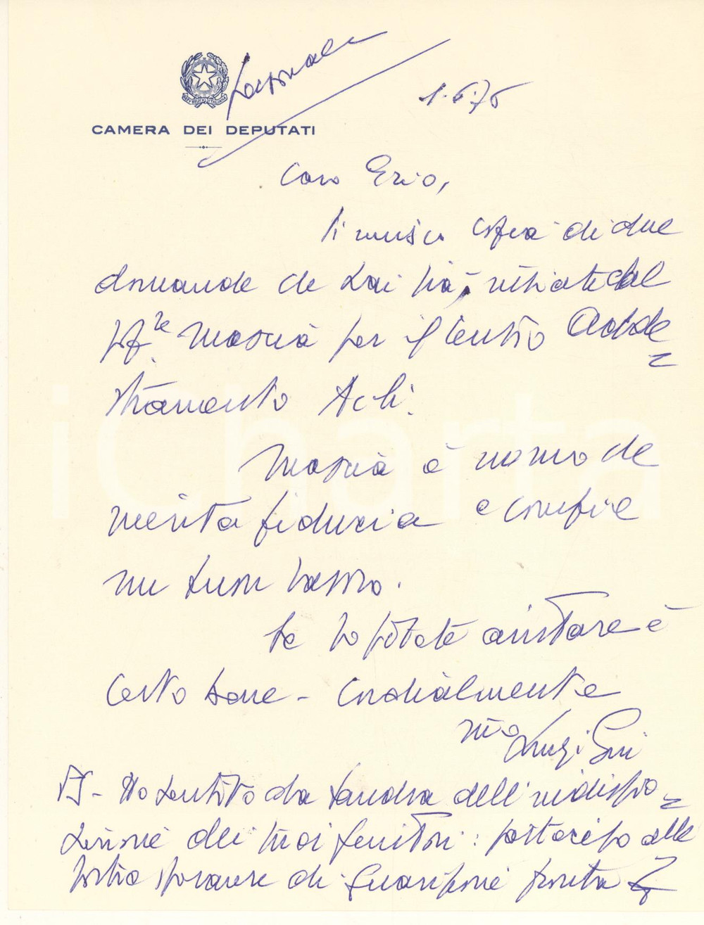 Autografo originale 1976 Camera dei Deputati  Lettera on. Luigi GUI a un collega  Autografo 1