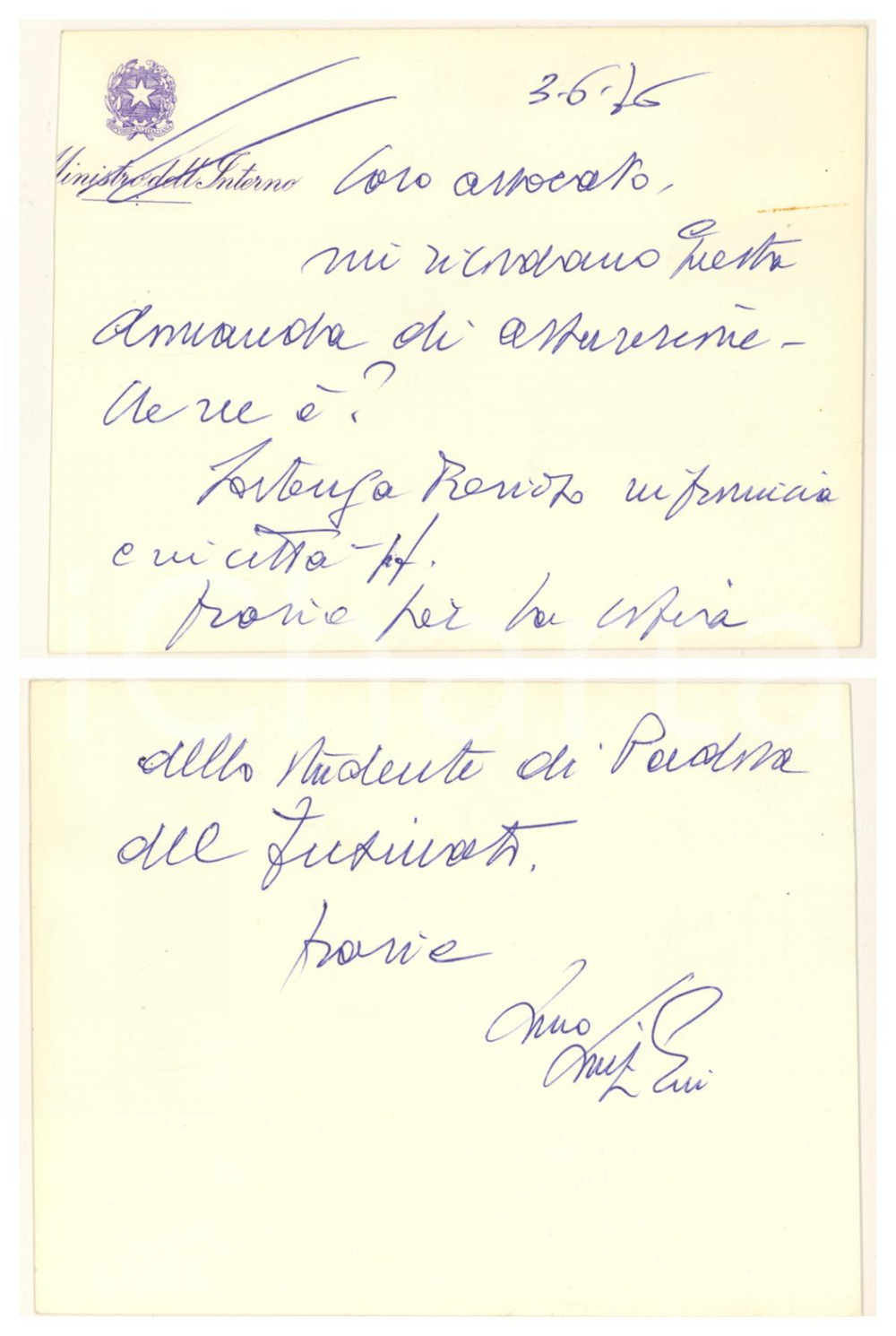 Autografo originale 1976 Biglietto ministro Luigi GUI per domanda di assunzione  Autografo 1