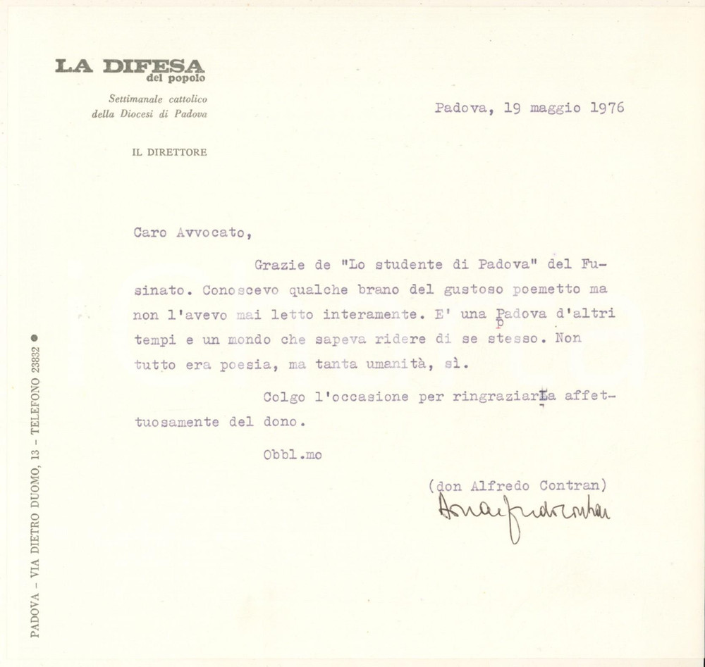 Autografo originale 1976 PADOVA Don Alfredo CONTRAN direttore La difesa del popolo  Autografo 1