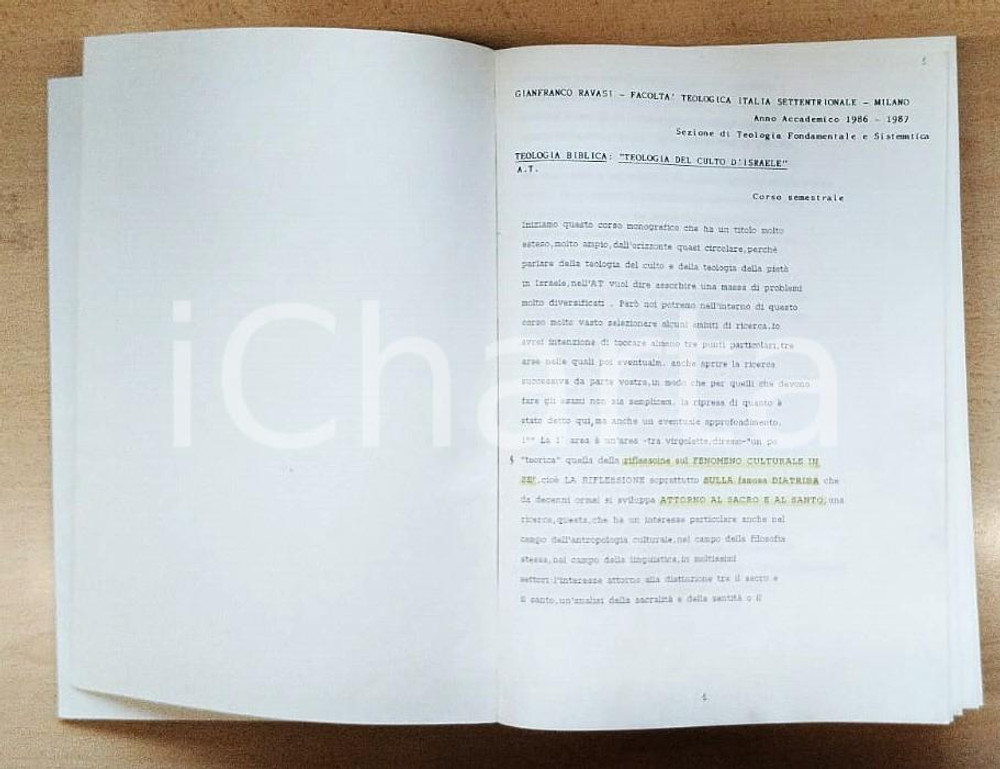 1986 Gianfranco RAVASI Teologia del culto di Israele - Dispensa facoltà TEOLOGIA Dispensa rilegata con copertina rigida e dorso telato, realizzata per la Facoltà teologica Italia Settentrionale - Milano, sezione di Teologia Fondamentale e Sistematica, corso semestrale di teologia biblica. PAGINE: 251CONDIZIONI:FAIR/discreto Sottolineatura e appunti alle pagineFORMATO: 20x29 cm originale e autentica 1