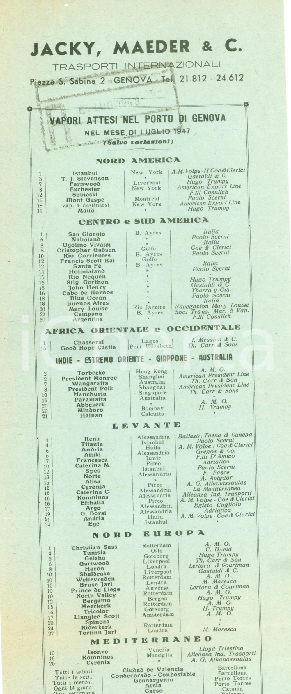 Materiale pubblicitario d’epoca Luglio 1947 GENOVA Trasporti Internazionale JACKY MAEDER Vapori attesi 1