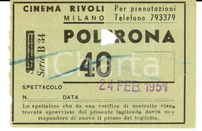 Oggetto da collezione cartaceo 1951 MILANO via Cerva 35 CINEMA RIVOLI Biglietto poltrona 2 1