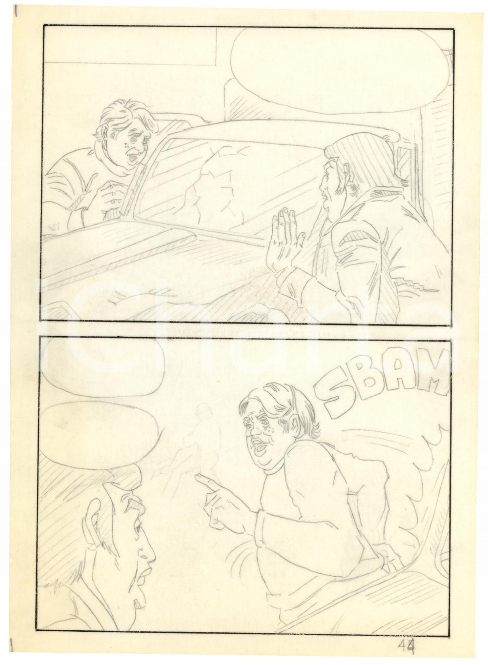 Stampa, bozzetto originale 1970 Fumetto erotico LANDO incidente Tavola originale matita su lucido LUBE 1