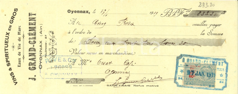 Oggetto da collezione cartaceo 1919 OYONNAX J. GRANDCLEMENT vins eaux de vie de Marc Cambiale pubblicitaria 1